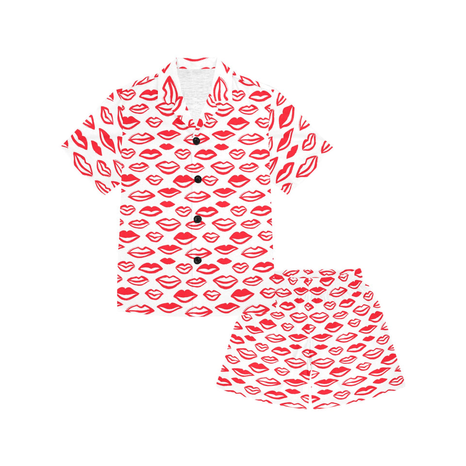Lips Pattern Print Design 05 Kids' Boys' Girls' V-Neck Short Pajama Set