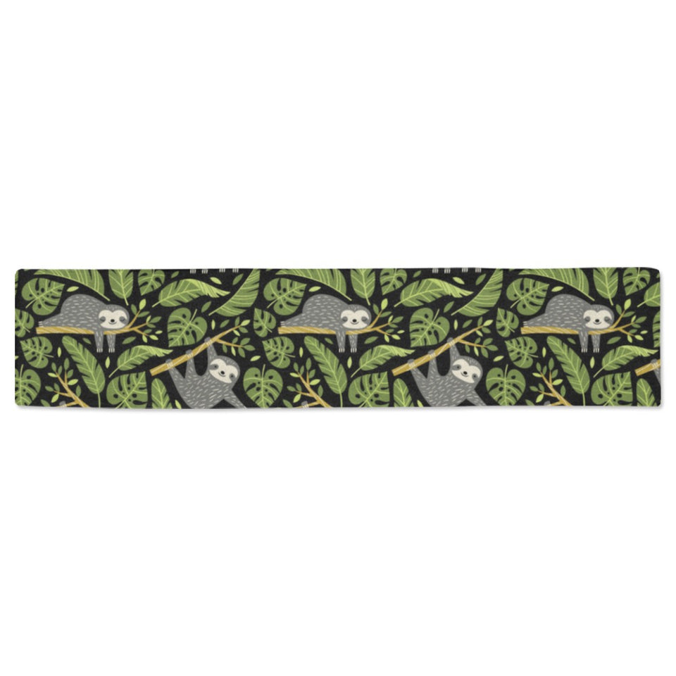 Cute sloths tropical palm leaves black background Table Runner