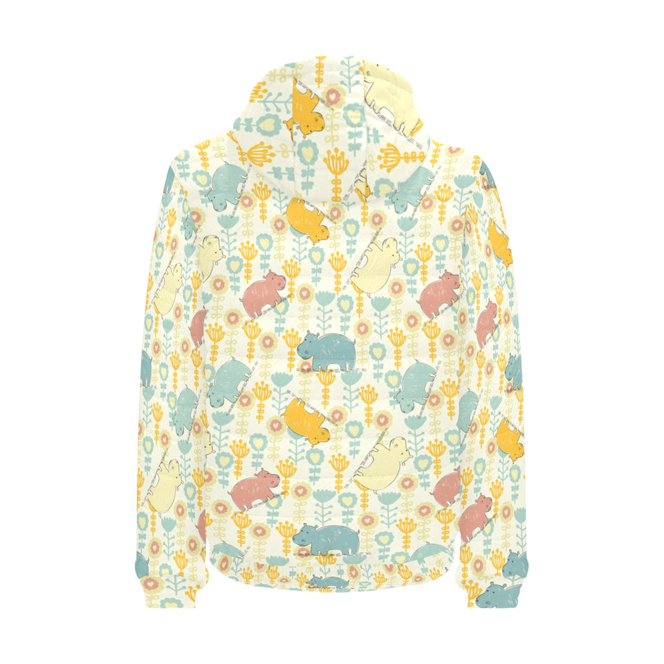 Hippopotamus Pattern Print Design 04 Men's Padded Hooded Jacket
