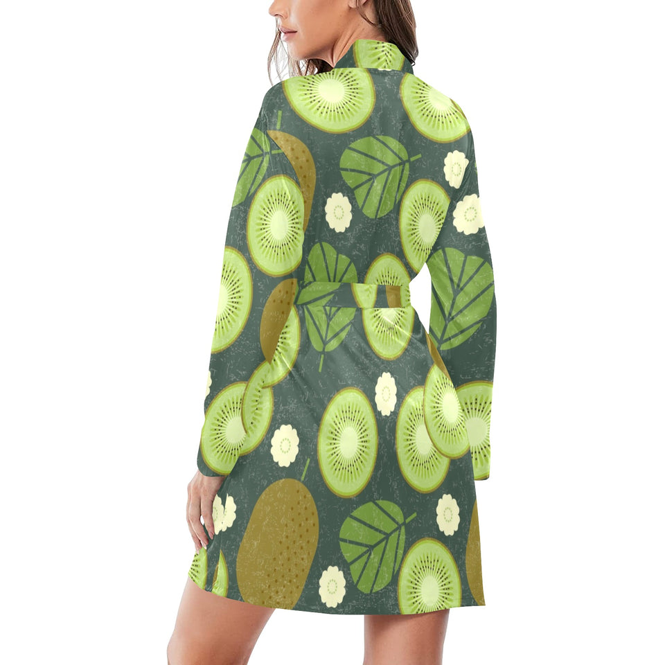 Whole sliced kiwi leave and flower Women's Long Sleeve Belted Night Robe