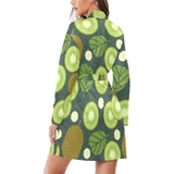 Whole sliced kiwi leave and flower Women's Long Sleeve Belted Night Robe