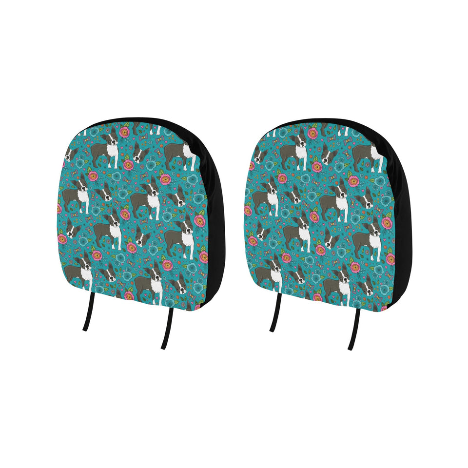 Boston terrier beautiful flower pattern Car Headrest Cover