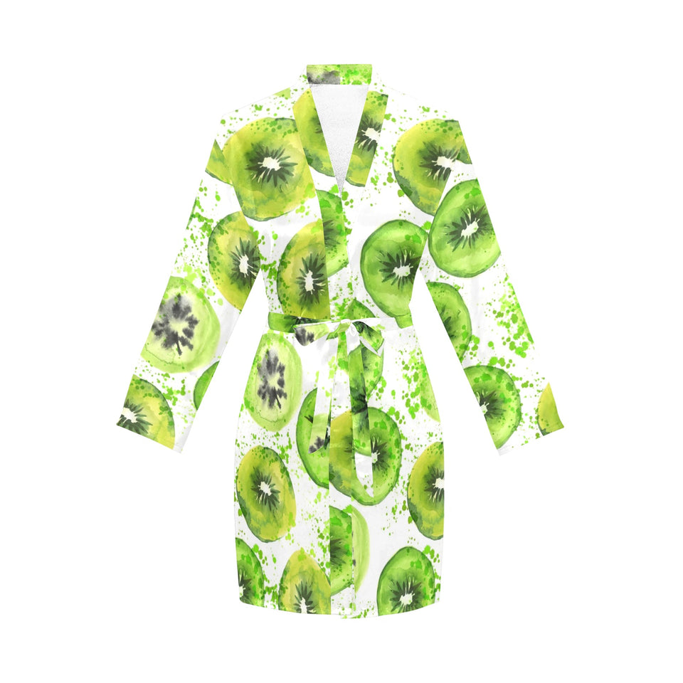 Watercolor kiwi pattern Women's Long Sleeve Belted Night Robe