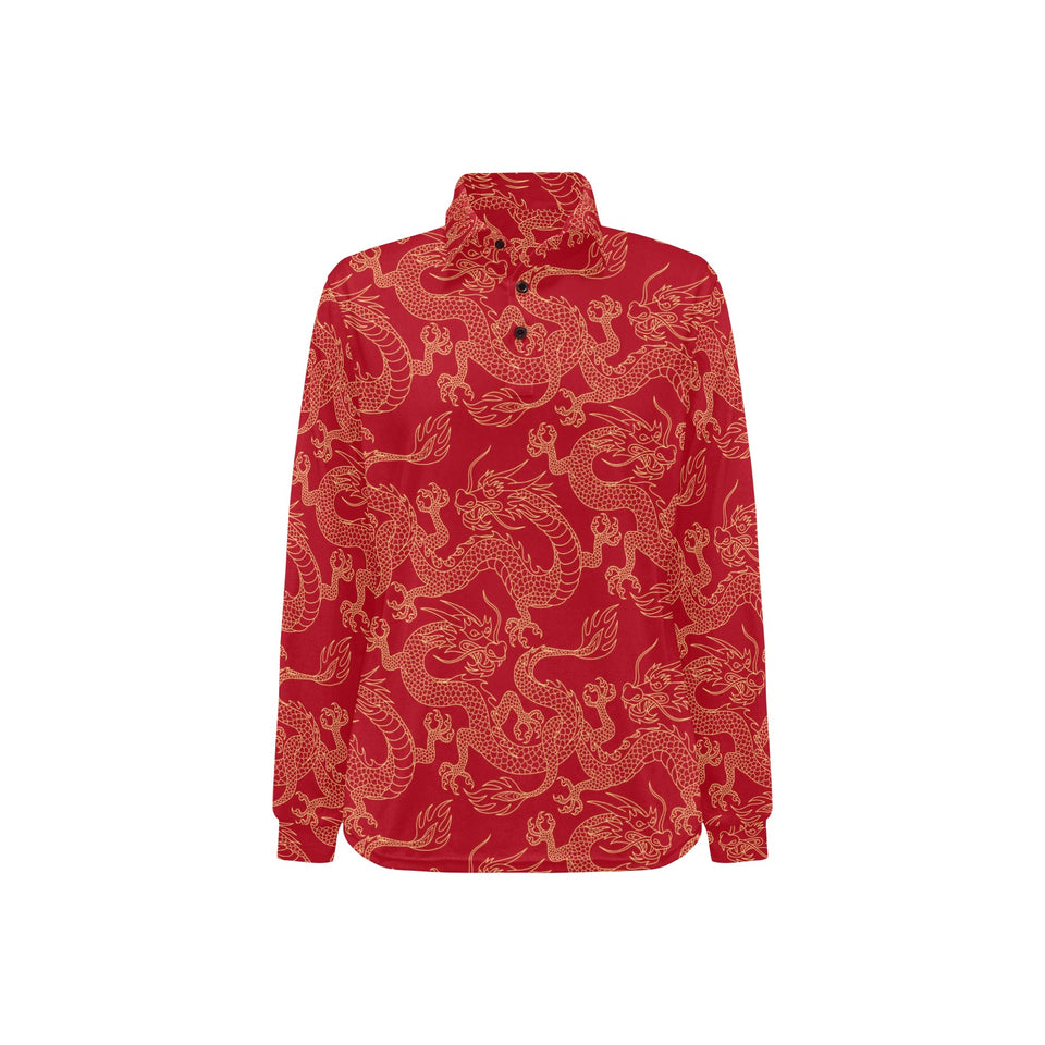 Gold dragons red background Women's Long Sleeve Polo Shirt