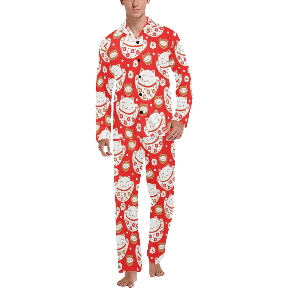 Cute Maneki neko cat red background Men's Long Pajama Set