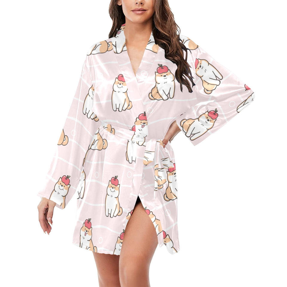 Cute Shiba Inu Dog Apple pattern Women's Long Sleeve Belted Night Robe