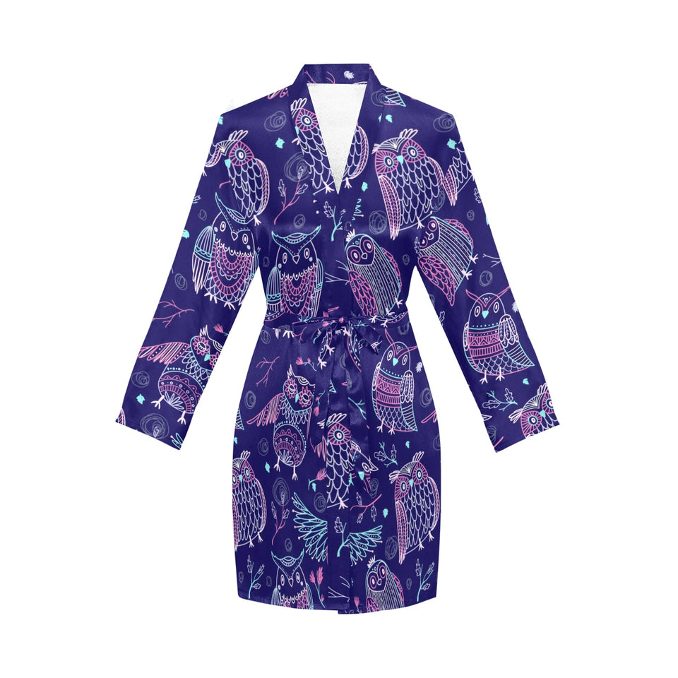 Cute owls pattern boho style ornament Women's Long Sleeve Belted Night Robe