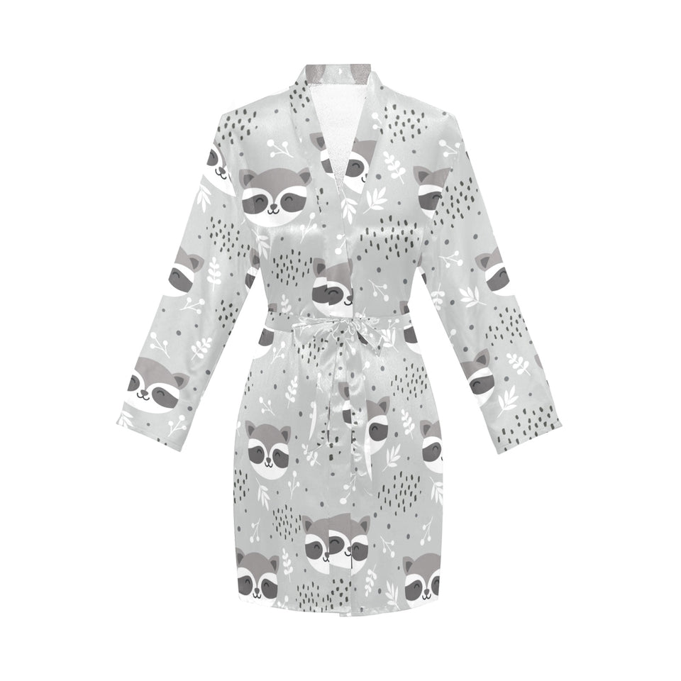 Cute raccoons leaves dot Women's Long Sleeve Belted Night Robe