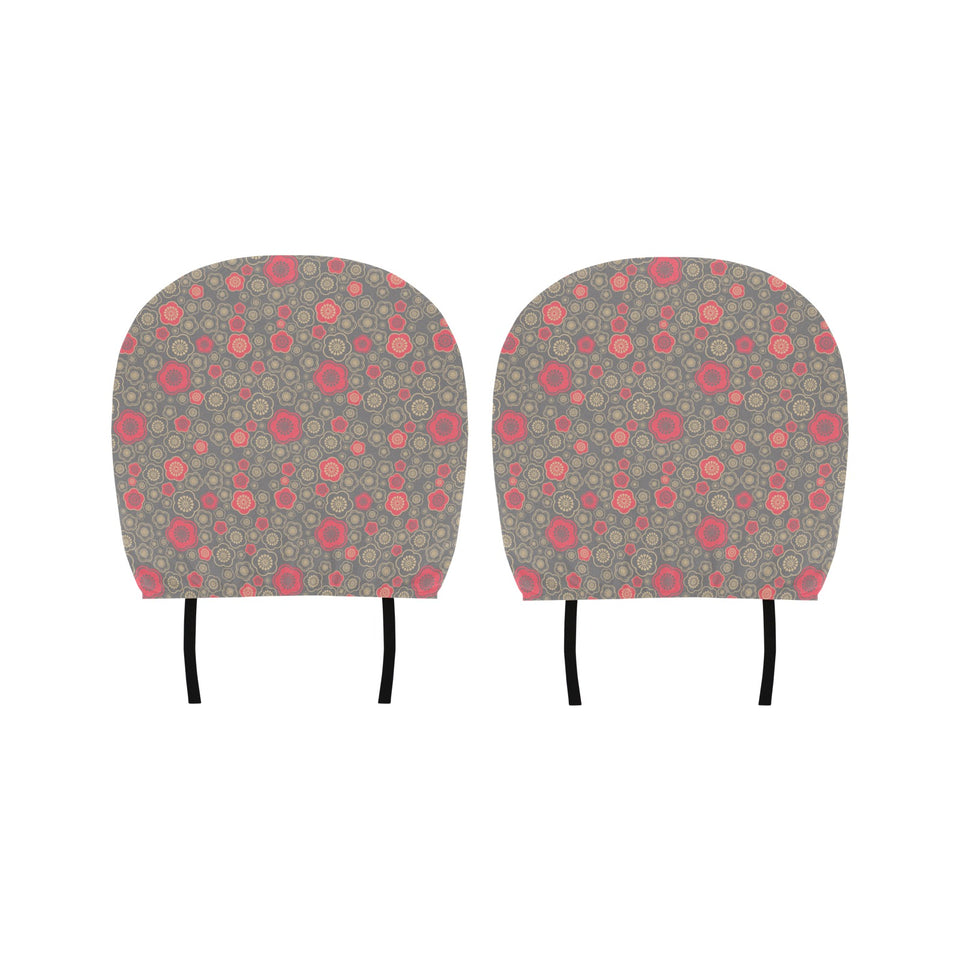 Red gold Sakura cherry blossom gray background Car Headrest Cover