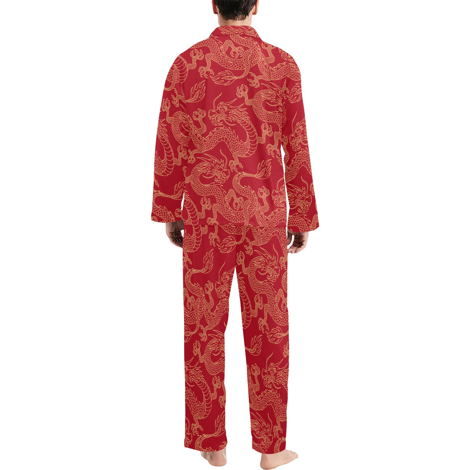 Gold dragons red background Men's Long Pajama Set