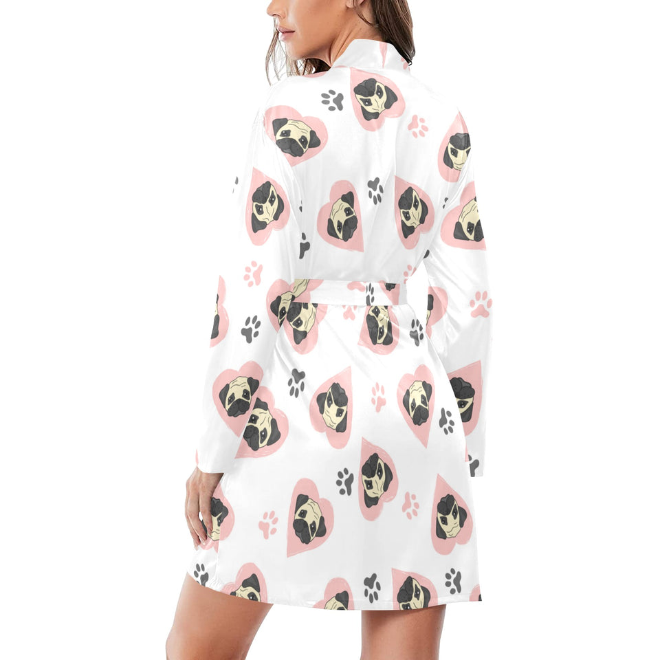 Cute pugs pink heart paw pattern Women's Long Sleeve Belted Night Robe