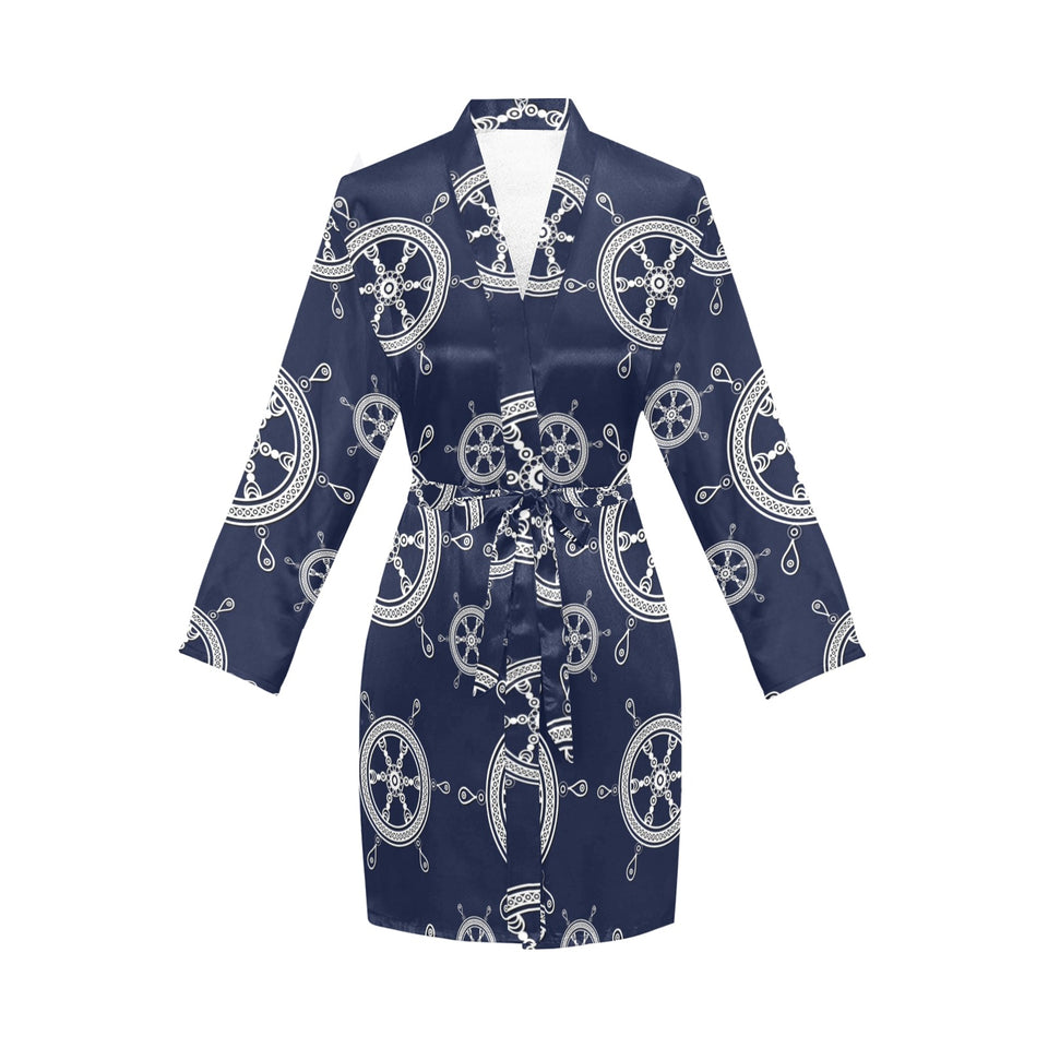 nautical steering wheel design pattern Women's Long Sleeve Belted Night Robe