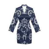 nautical steering wheel design pattern Women's Long Sleeve Belted Night Robe