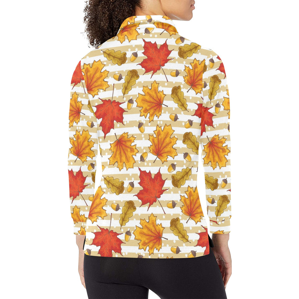 Maple leaf oak leaf acorns beige striped backgroun Women's Long Sleeve Polo Shirt