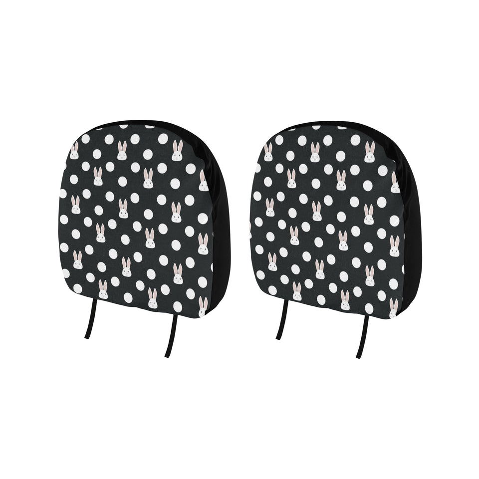 Cute white rabbit polka dots black background Car Headrest Cover