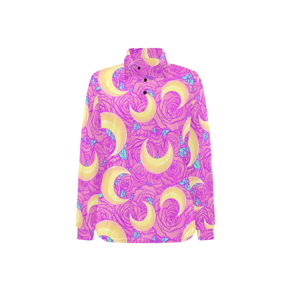 Moon pink rose background Women's Long Sleeve Polo Shirt