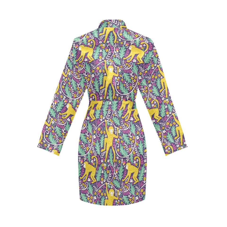 Cute yellow monkey leaves pattern Women's Long Sleeve Belted Night Robe