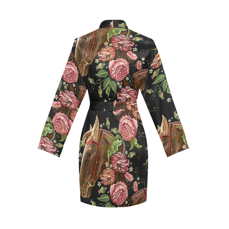 Horse head wild roses pattern Women's Long Sleeve Belted Night Robe