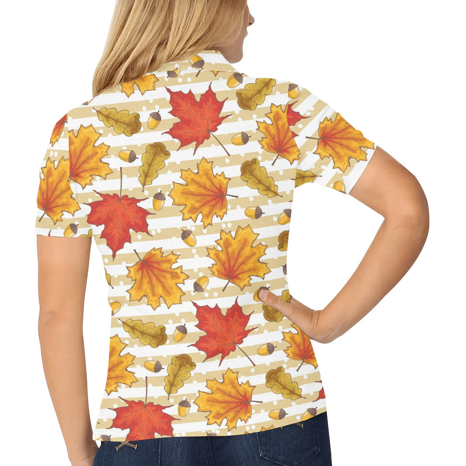 Maple leaf oak leaf acorns beige striped backgroun Women's All Over Print Polo Shirt