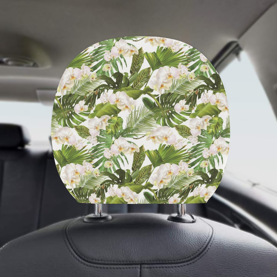 White orchid flower tropical leaves pattern Car Headrest Cover