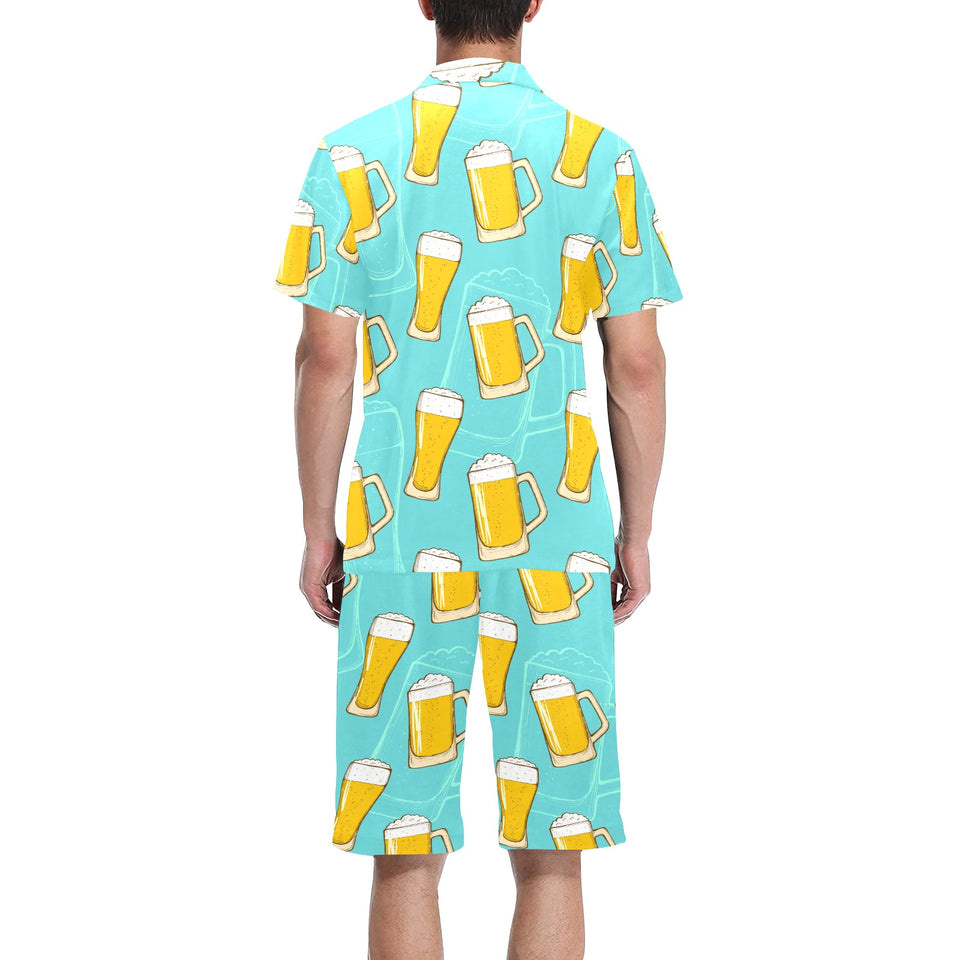 Beer pattern green background Men's V-Neck Short Pajama Set