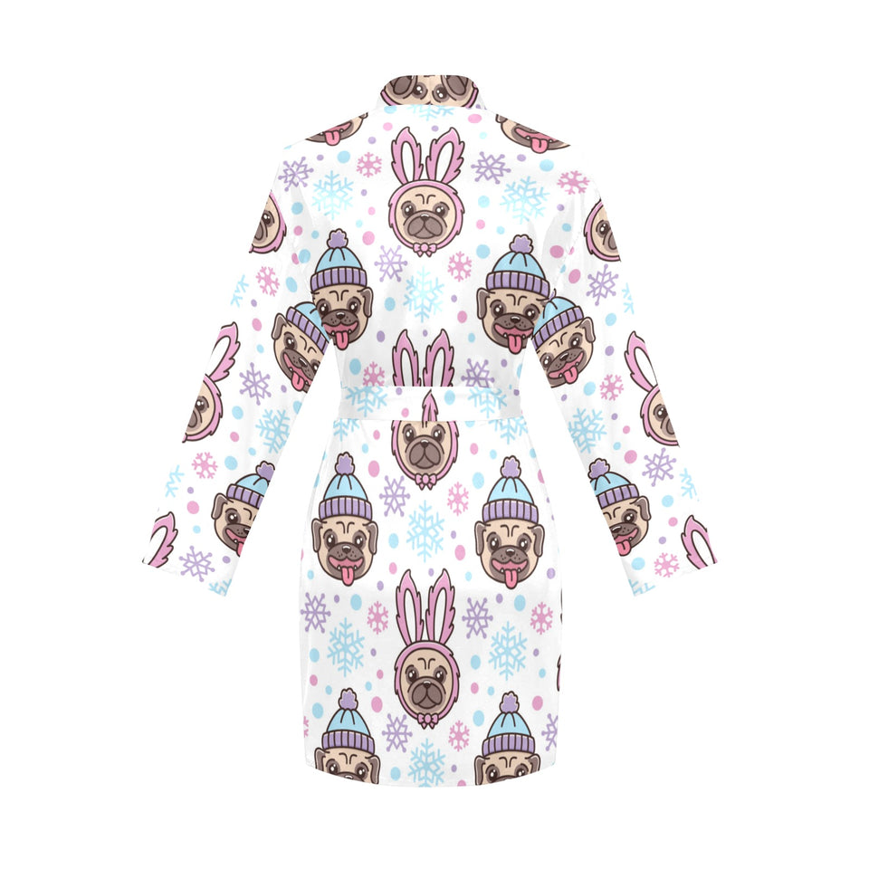 Cute pug hat rabbit costume pattern Women's Long Sleeve Belted Night Robe