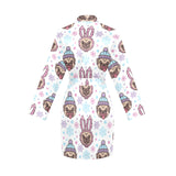 Cute pug hat rabbit costume pattern Women's Long Sleeve Belted Night Robe
