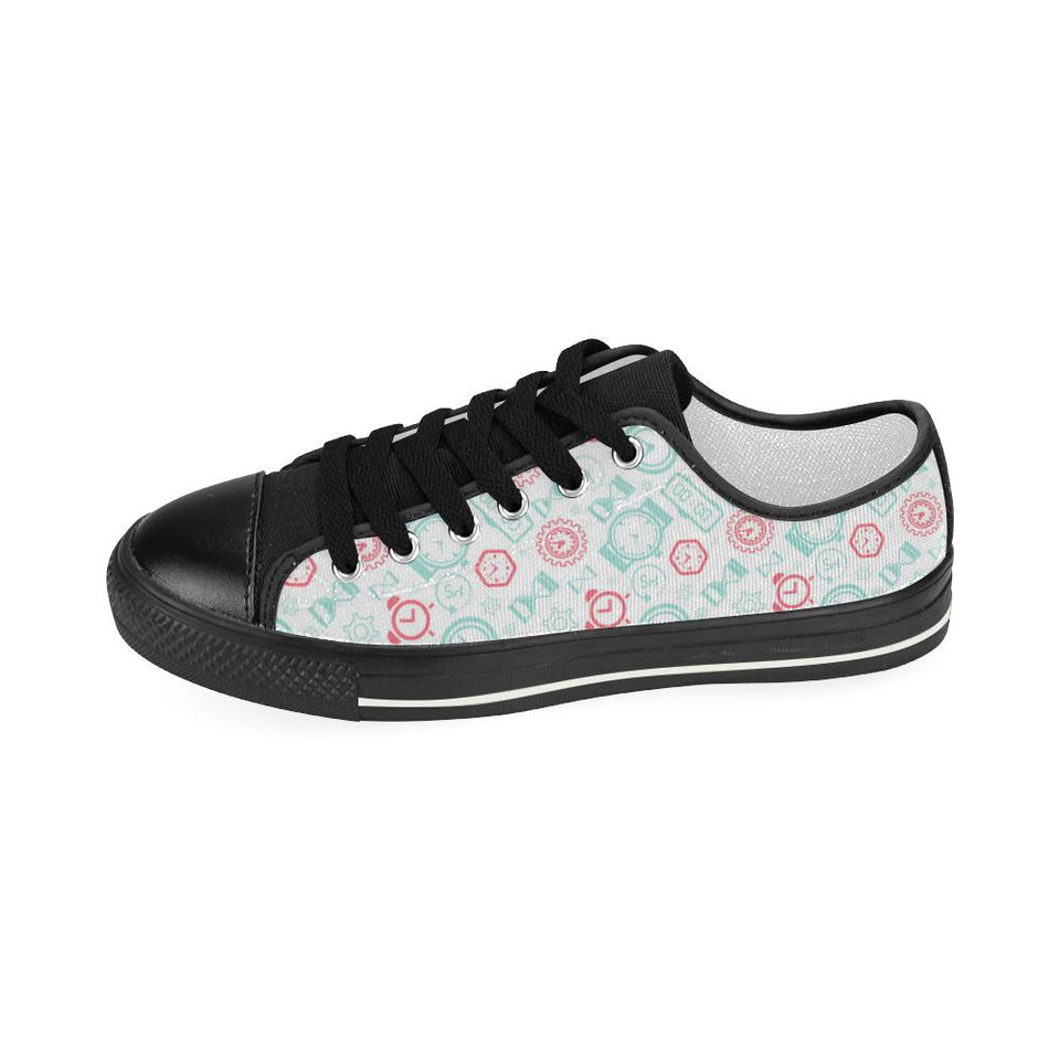 Clock time pattern blackground Kids' Boys' Girls' Low Top Canvas Shoes Black
