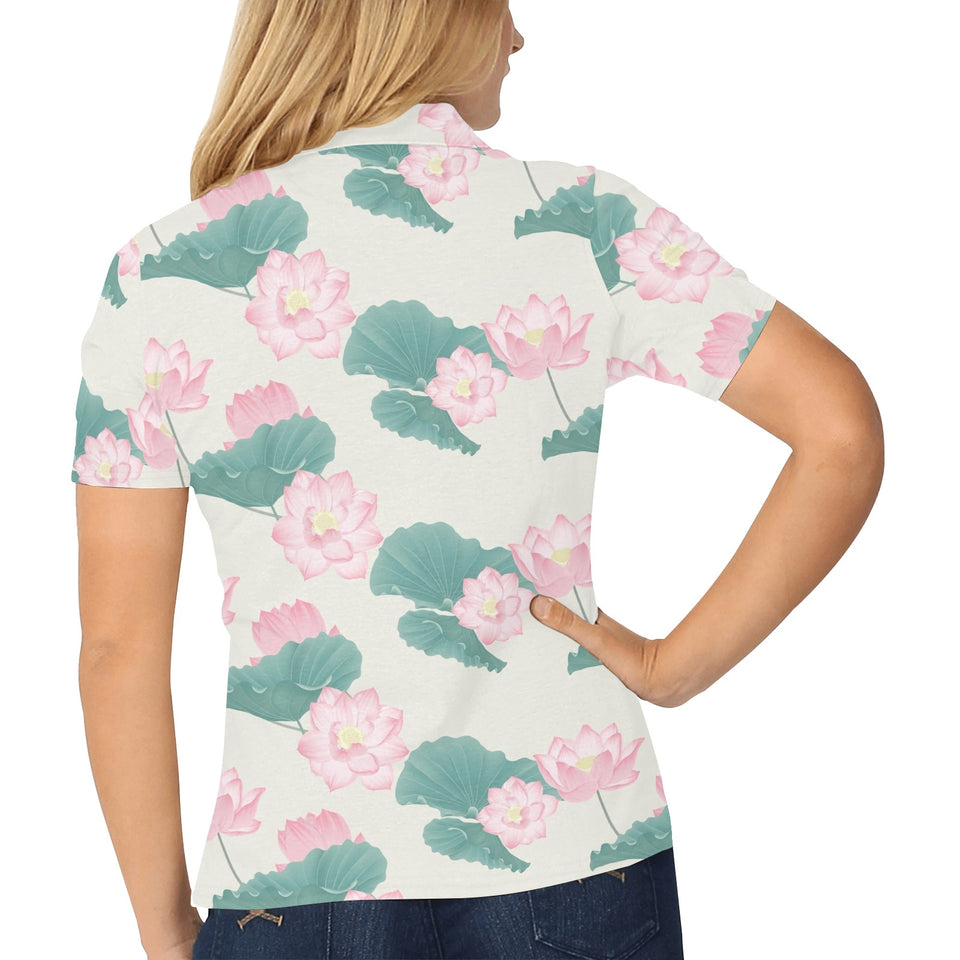 Pink lotus waterlily leaves pattern Women's All Over Print Polo Shirt