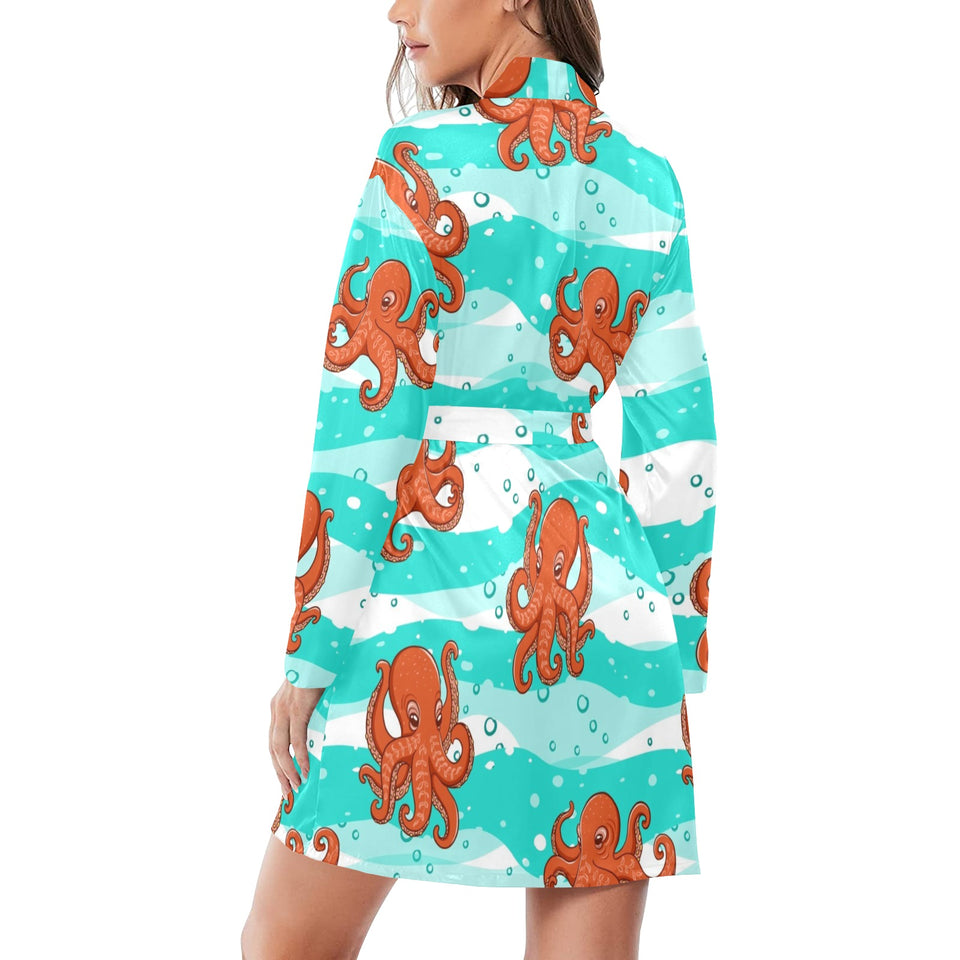 Octopuses sea wave background Women's Long Sleeve Belted Night Robe