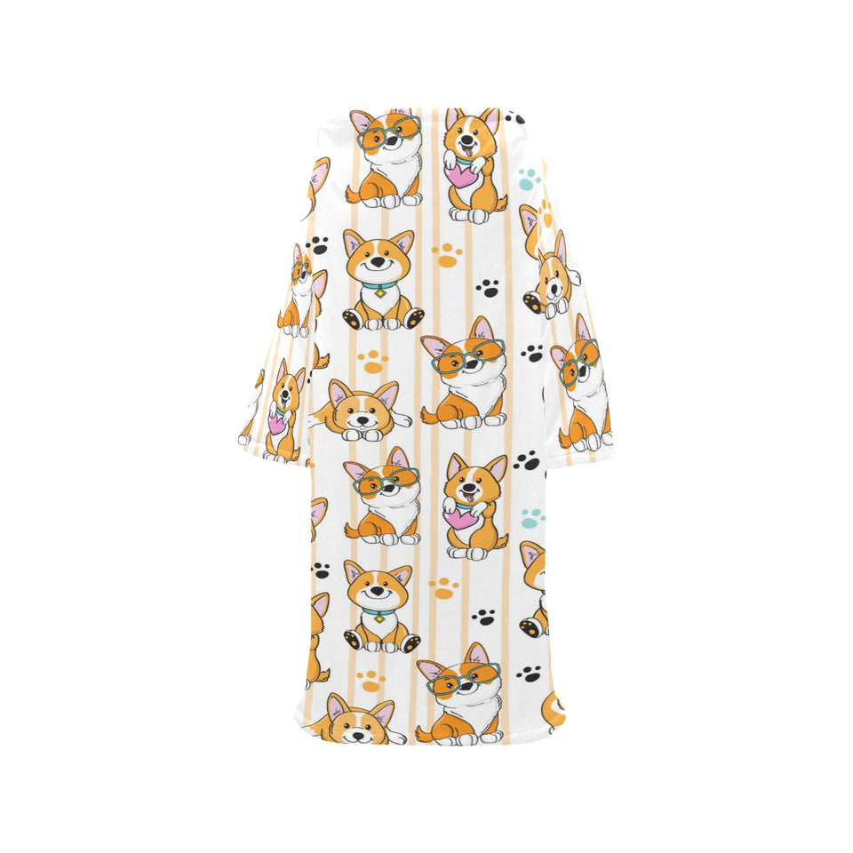 Cute dog corgi striped background pattern Blanket Robe with Sleeves
