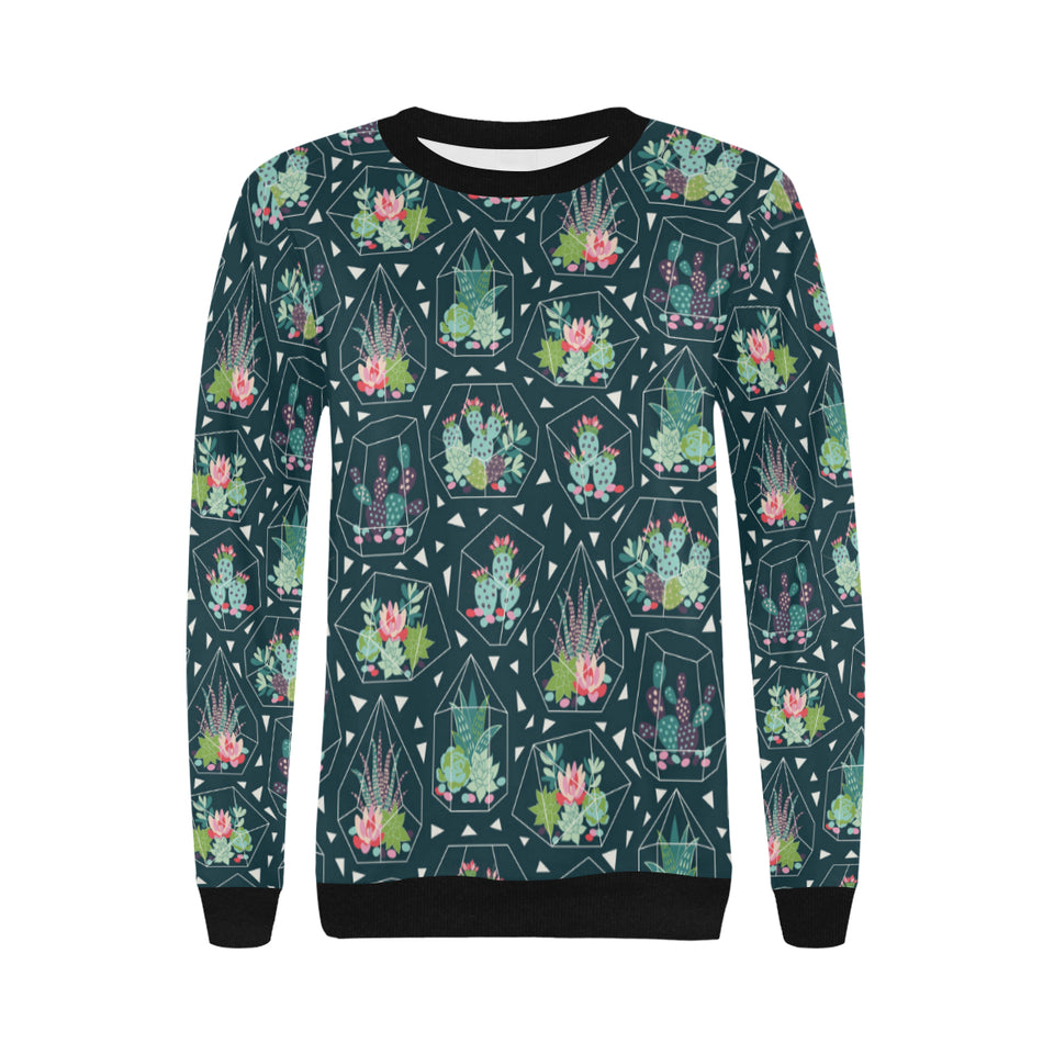 Cactus glass terrarium pattern Women's Crew Neck Sweatshirt