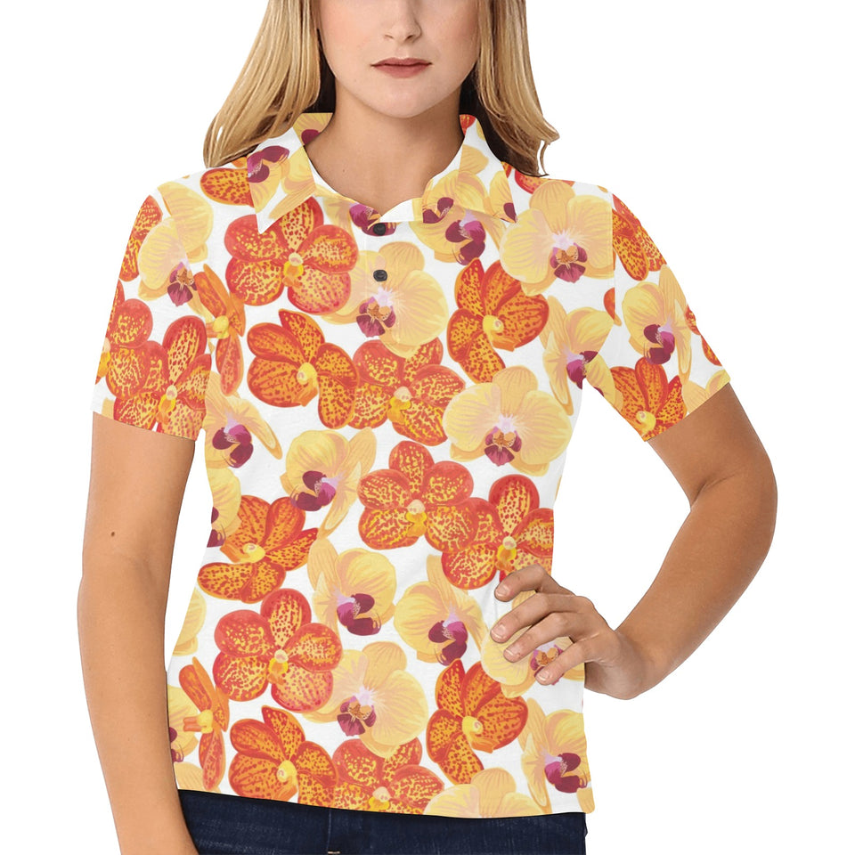 Orange yellow orchid flower pattern background Women's All Over Print Polo Shirt