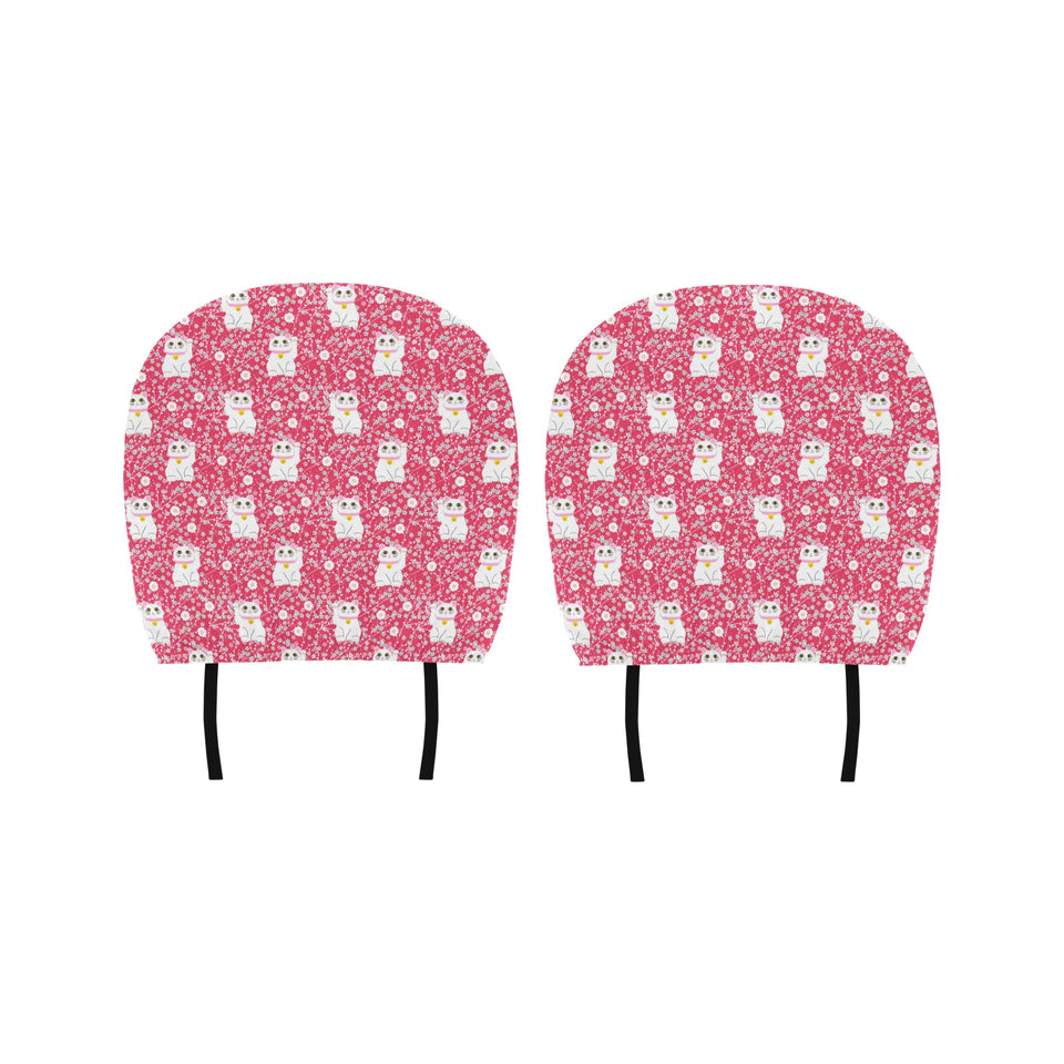 Maneki neko cat sakura pink background Car Headrest Cover