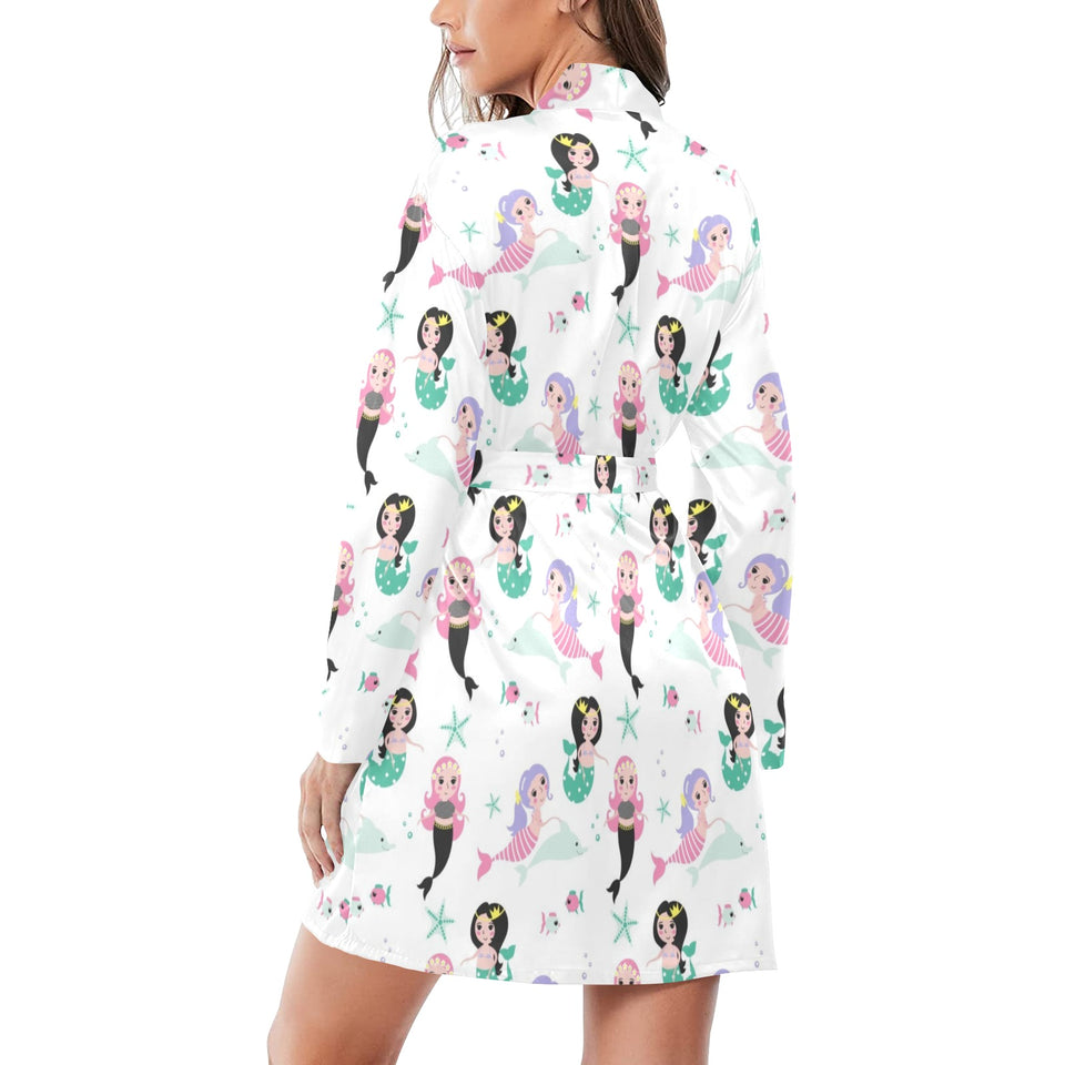 cute mermaid dolphin fish starfish pattern Women's Long Sleeve Belted Night Robe
