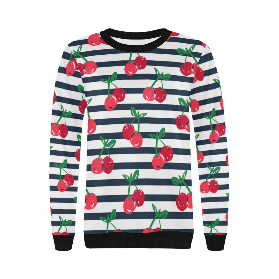 Hand drawn cherry pattern striped background Women's Crew Neck Sweatshirt