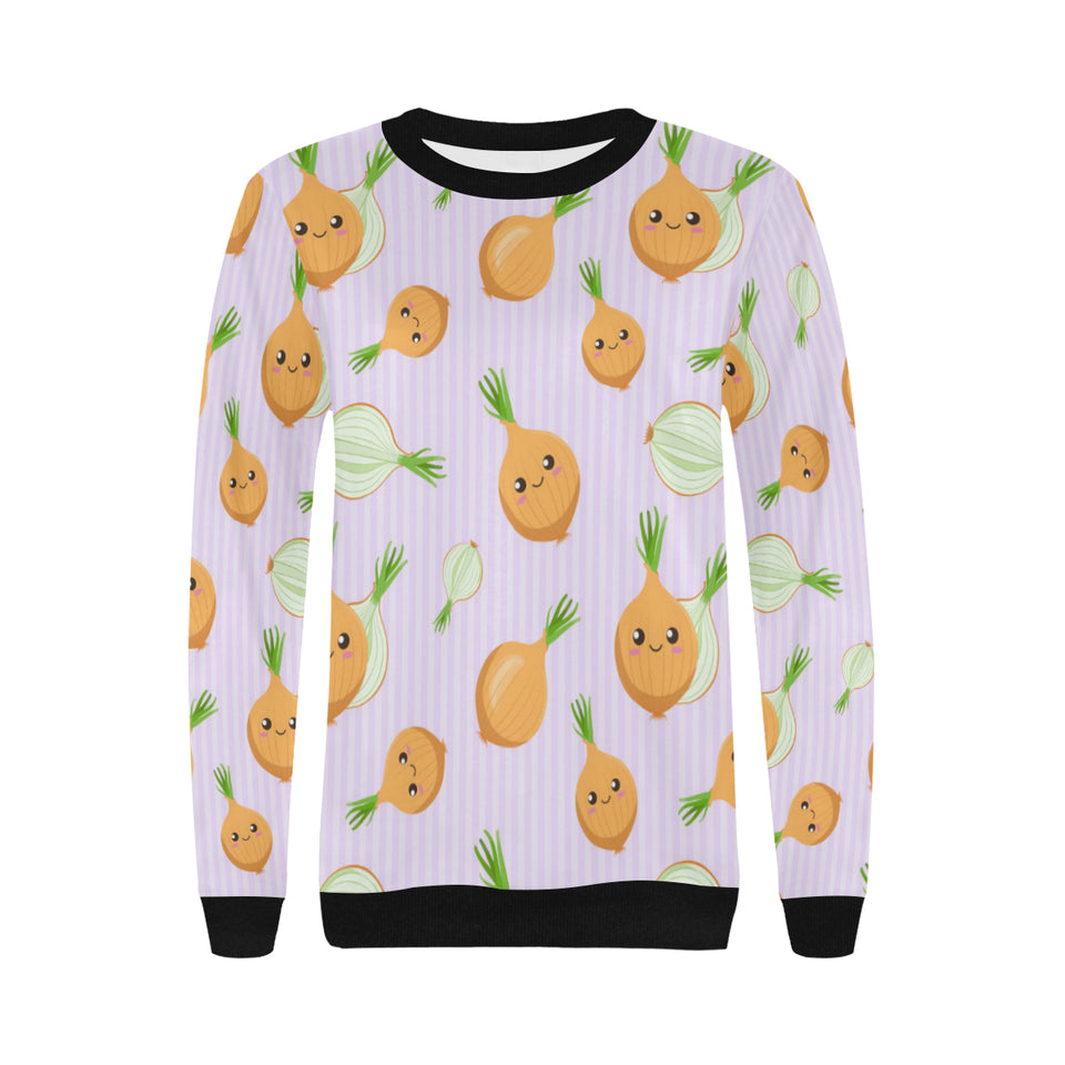 cute onions smiling faces purple background Women's Crew Neck Sweatshirt