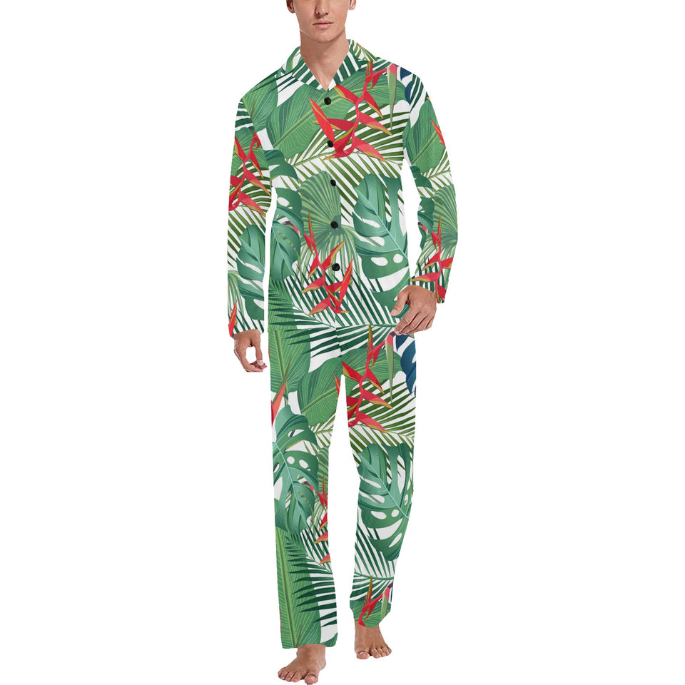 heliconia palm and monstera leaves pattern Men's Long Pajama Set