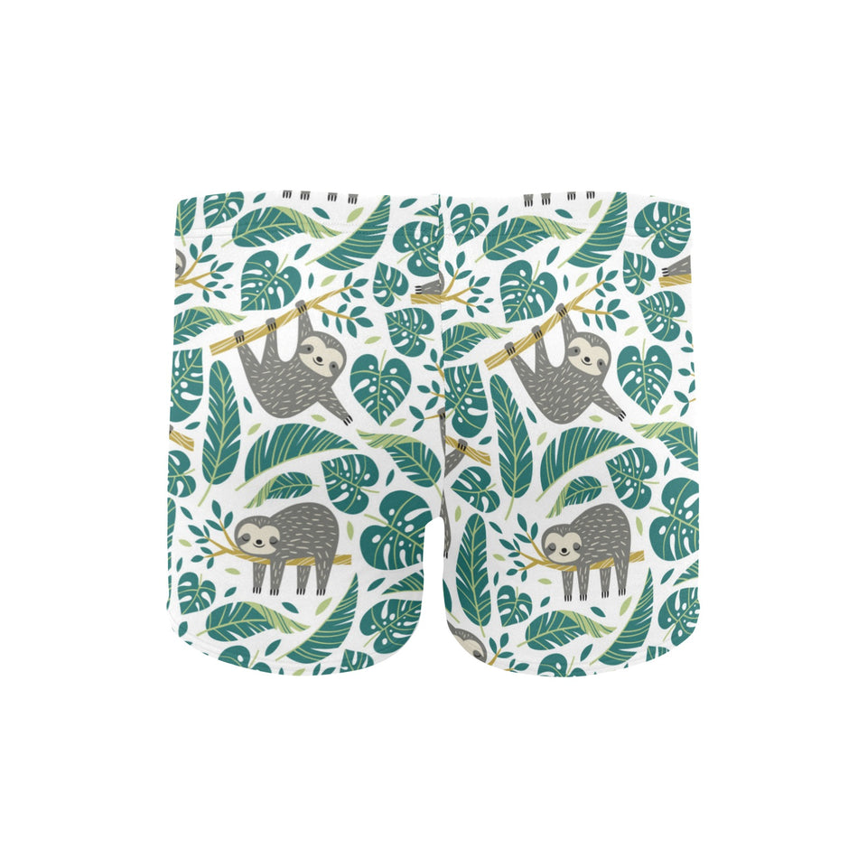 Cute sloths tropical palm leaves white background Men's Swimming Trunks