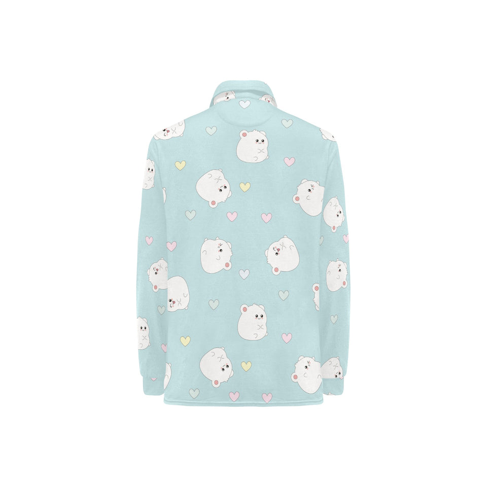 White cute hamsters heart pattern Women's Long Sleeve Polo Shirt