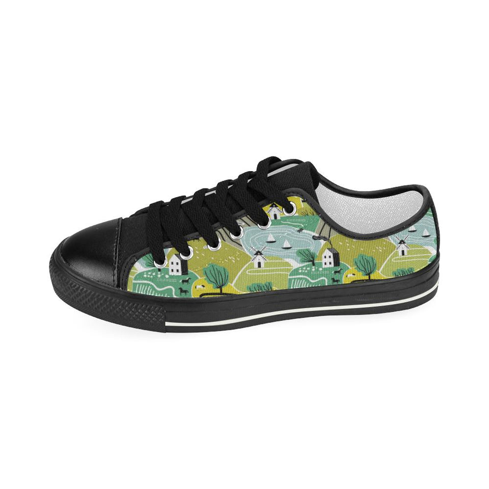 Hand drawn windmill pattern Kids' Boys' Girls' Low Top Canvas Shoes Black