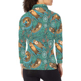 cute brown sea otters ornamental seaweed corals gr Women's Long Sleeve Polo Shirt