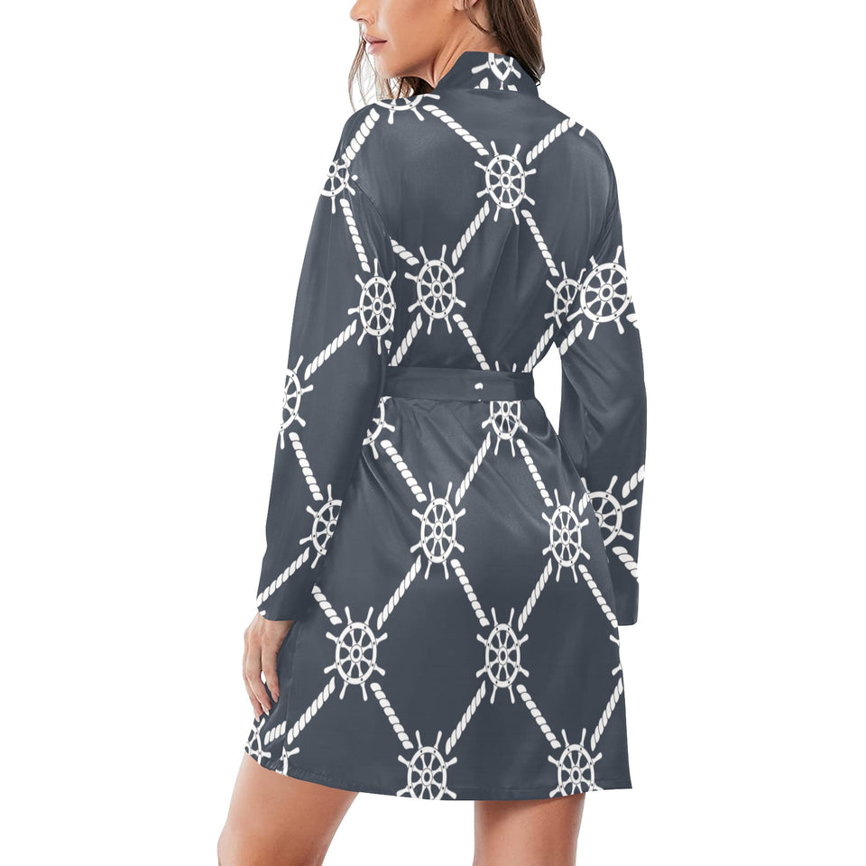 nautical steering wheel rope pattern Women's Long Sleeve Belted Night Robe