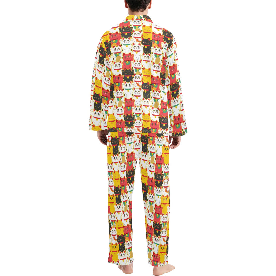 Colorful Maneki neko cat pattern Men's Long Pajama Set