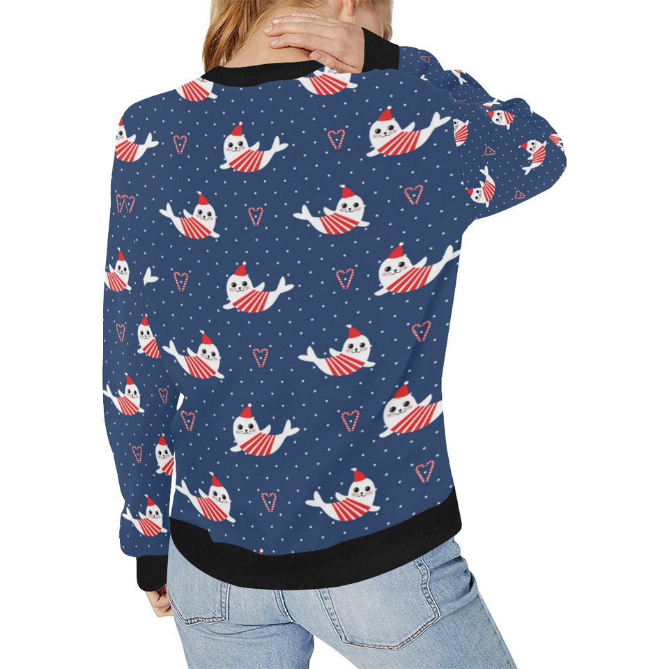Cute sea lion seal christmas hat candy cane heart Women's Crew Neck Sweatshirt