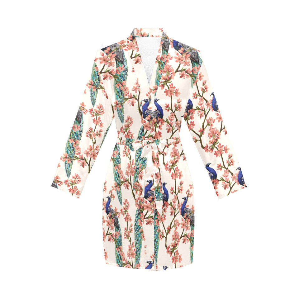 Peacock tropical flower pattern Women's Long Sleeve Belted Night Robe