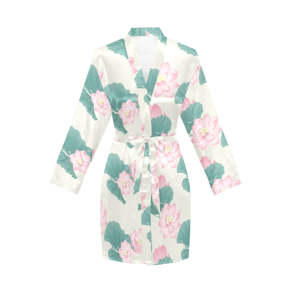 Pink lotus waterlily leaves pattern Women's Long Sleeve Belted Night Robe
