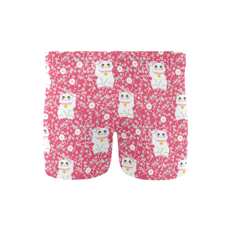 Maneki neko cat sakura pink background Men's Swimming Trunks