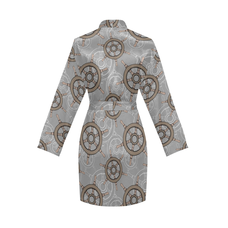 nautical wood steering wheel pattern Women's Long Sleeve Belted Night Robe