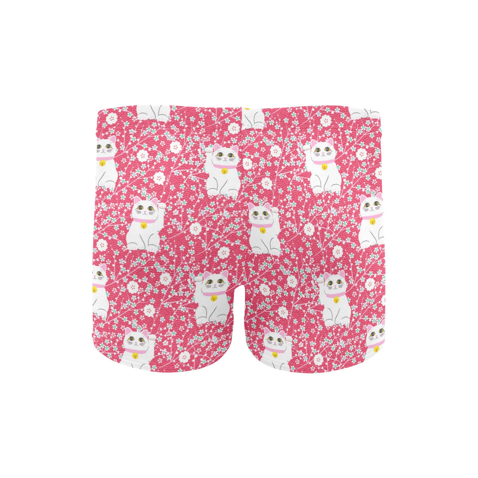 Maneki neko cat sakura pink background Men's Swimming Trunks